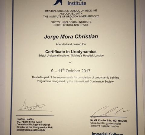 El Dr. Mora Ha Obtenido El Certificado De Urodinamia Del Prestigioso Bristol Urological Institute.
